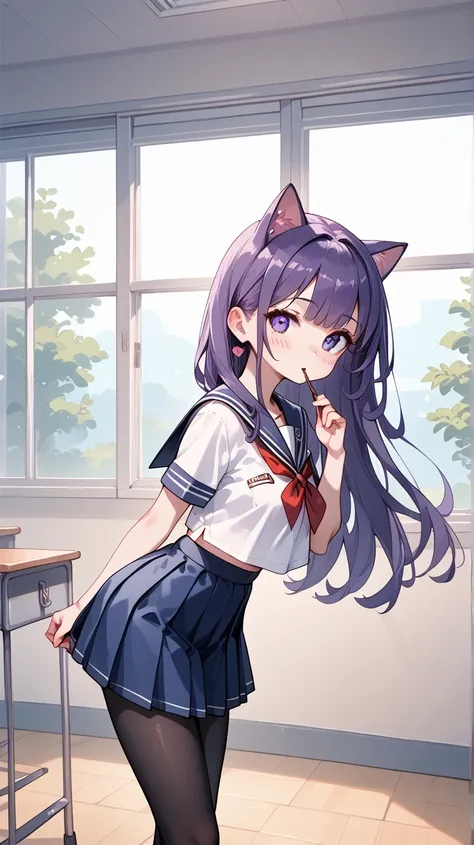  cute and well-behaved teenage cat lady， long purple hair， sailor suit， dark blue jk skirt，Very cocky ， blush，Looking at you angrily，Thick black pantyhose ， slim body ，Sexy，Standing in the classroom， pocket with both hands