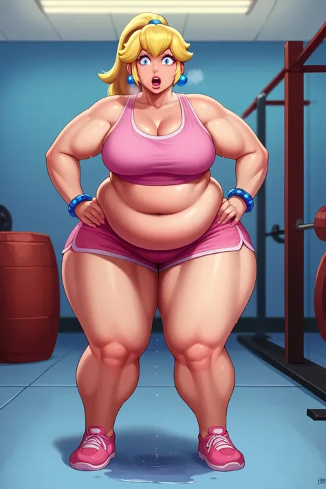 score_9, score_8_up, score_7_up, BREAK, 1girl, solo, princess peach, 1girl, solo, , blonde hair, ponytail, jewelry, bracelet, makeup, casual, cowboy shot, blue eyes, looking at the viewer, large breasts, hands on hips, pink tanktop, sweaty, pink shorts, sw...