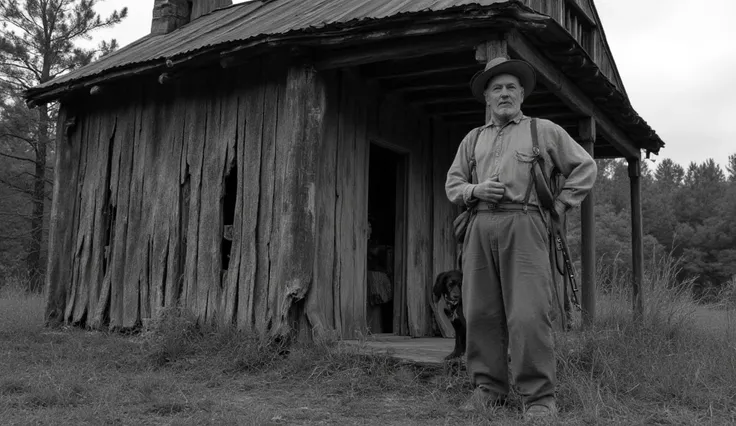 Cinematic shot, ultrawide shot, black-and-white photo of an old rural cabin in a Southern setting, early 1900s, rustic cabin with uneven, rotten vertical planks, elderly gentleman holding a long-barreled rifle, ragged dirty clothes, mid-calf pants, suspend...