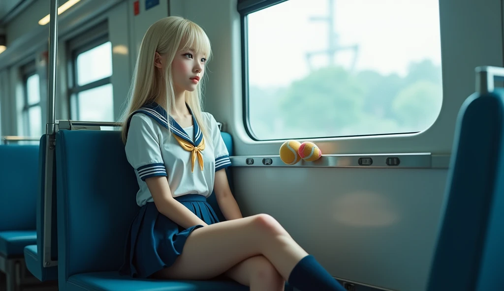  one girl ，( and sits on the train seat with her back to the window:1.3)， the camera takes a picture of the girl directly in front，The girls back is a window ，(Very pretty high school girl:1.3)，masterpiece， top quality ， high definition ，((( Photorealistic...