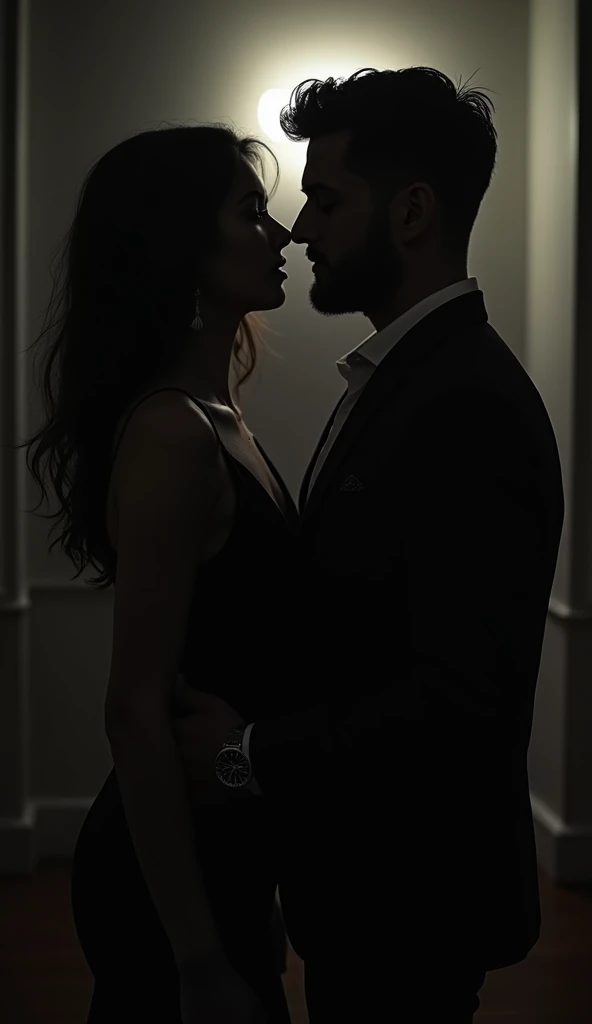  An artistic and intimate scene of a couple in a dark and melancholic environment .  The woman has her back to the spectator and looks over the shoulder at the man with a playful and sensual look.  The man looks at her directly , , which creates a sense of...