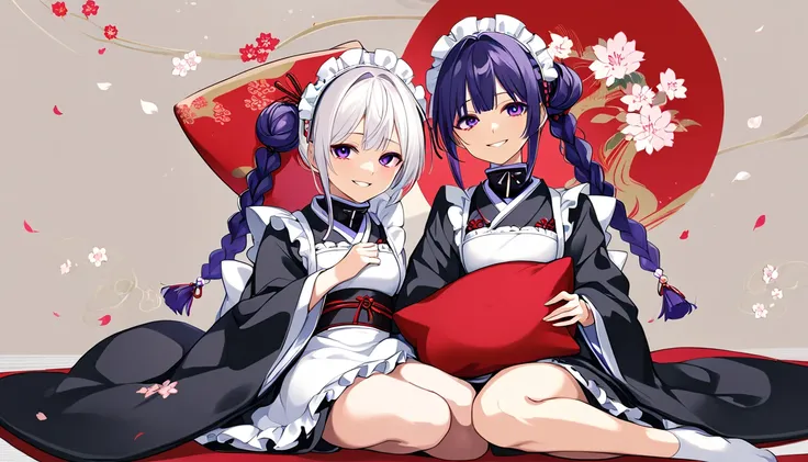 Character: 20 years old, 150cm tall, high-collar, Japanese maid, braids, sitting holding a cushion, smiling, kimono maid