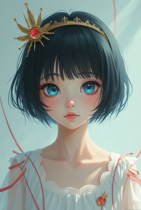 Blue-eyed girl with short hair with a simple crown and a shedding of thin red and white stripes attached to her body 