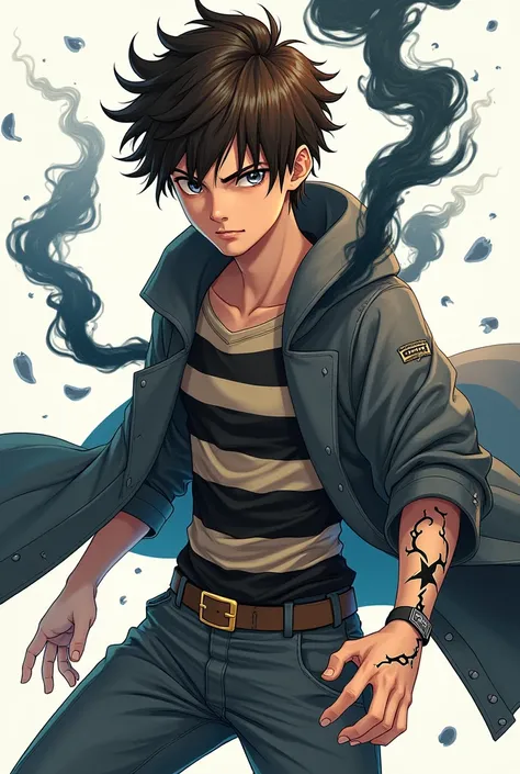  17-year-old manga style boy .  brown hair,  gray eyes and nails and black smoke-shaped tattoos.  His outfit is a striped black and beige shirt , a gray coat and gray pants . It controls the air