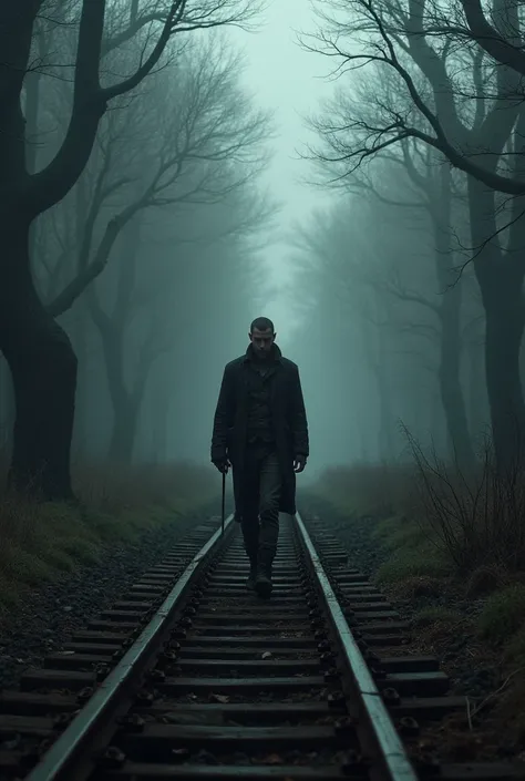 Make an image of a man walking on the tracks of a steam train in a dark and gloomy forest