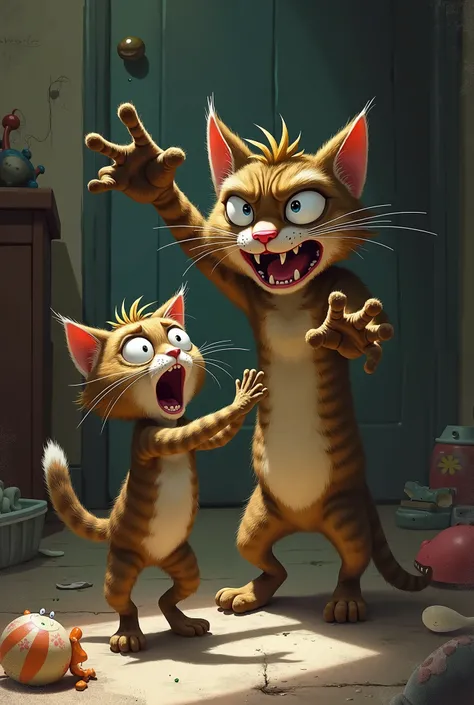 Create an image of an annoying cat dad hitting his crying cat son

