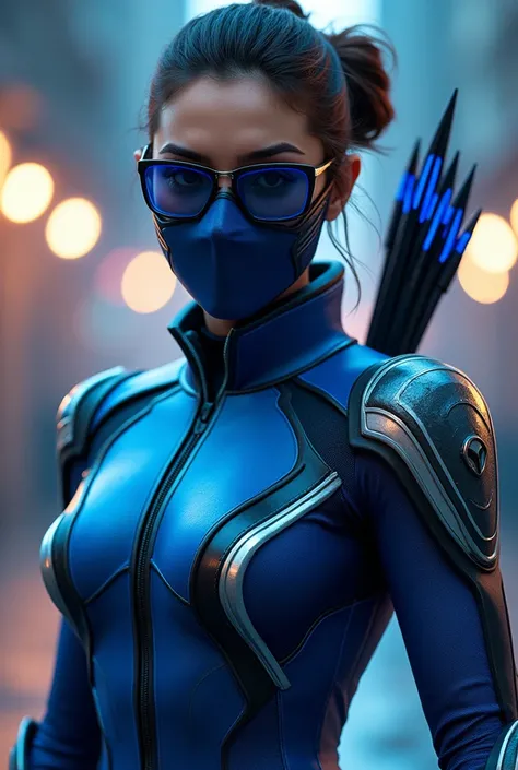 Gender Female, Armored Royal Blue Superhero spy suit, Glowing silver stripes with Black stripes, Blue and Black Futuristic Bow and Arrow, Black sport spy glasses with Blue Frame Hairstyle Bun, Armored Ninja Mask