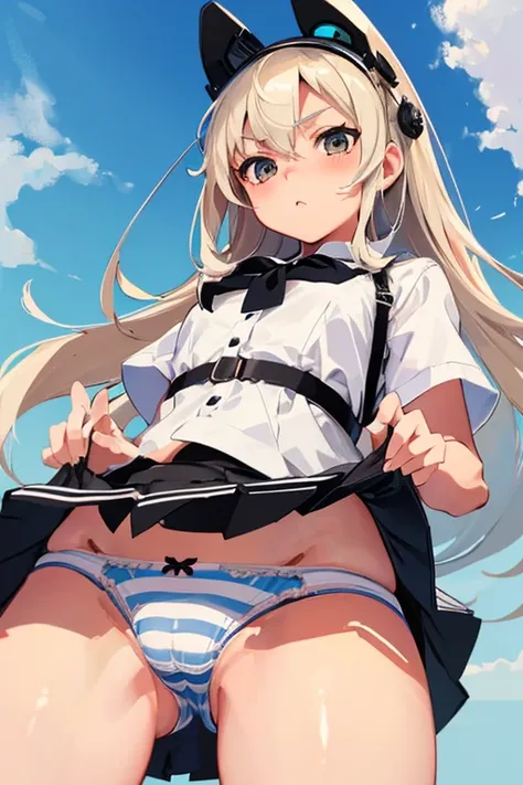 masterpiece, best quality, ultra detailed, ((striped panties)), (cowboy shot, crotch is close-up, ground-level, from below, mini skirt, from front), KanColle Shimakaze