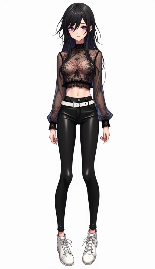 An anime teenage woman wearing a semitransparent black lace blouse,  decorated with floral details in shades of pink and beige .  She wears tight pants made of leather or vinyl material in black color ,  combined with a white belt that highlights her waist...