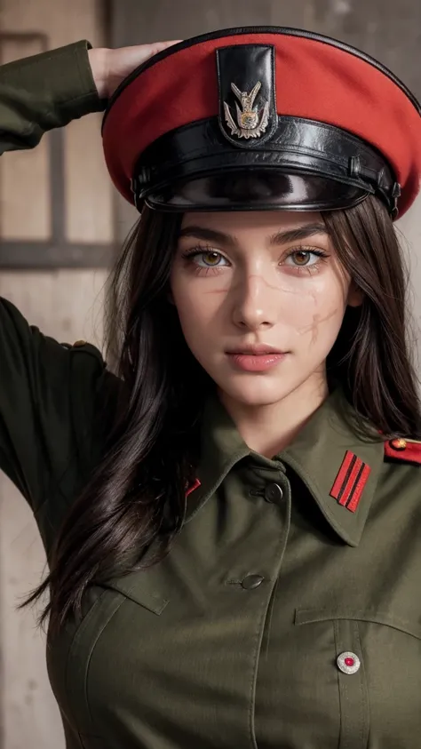 (masterpiece), best quality, HD, 8K, perfect face, brown hair, Girl, Yoru, WWII German military uniform, evil smile, piercing red eyes, ringed eyes, open jacket ,large breast, military hat, military salute, fullbody shot, pants, scars