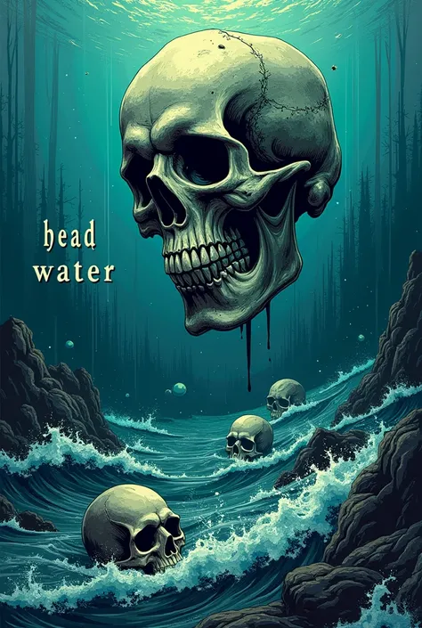 A rock band poster in illustration, with a skull over the sea ,  A Written Text "Head Above Water",  and several skulls at the bottom of the sea