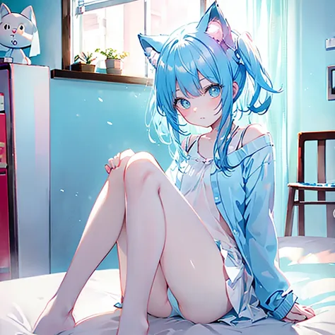  Charming light blue hair， cat ears girl wearing light blue underwear sitting on bed face red ，The whole body is in the mirror