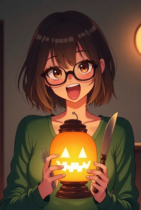  anime-style lantern: 25 year old brunette girl with glasses keeps her mouth open so 
So that you can see all your teeth and tongue, in her hands, she also has brown eyes, she is wearing a green sweater and she also has bare breasts,and she has a knife and...