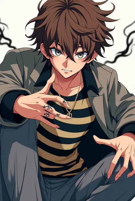  17-year-old manga style boy , bleach.  brown hair,  gray eyes and nails and black smoke-shaped tattoos.  His outfit is a striped black and beige shirt , a gray coat and gray pants .