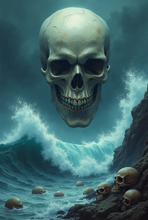 A fantasy rock band poster, with a skull over the sea ,  A Written Text "Head Above Water",  and several skulls at the bottom of the sea