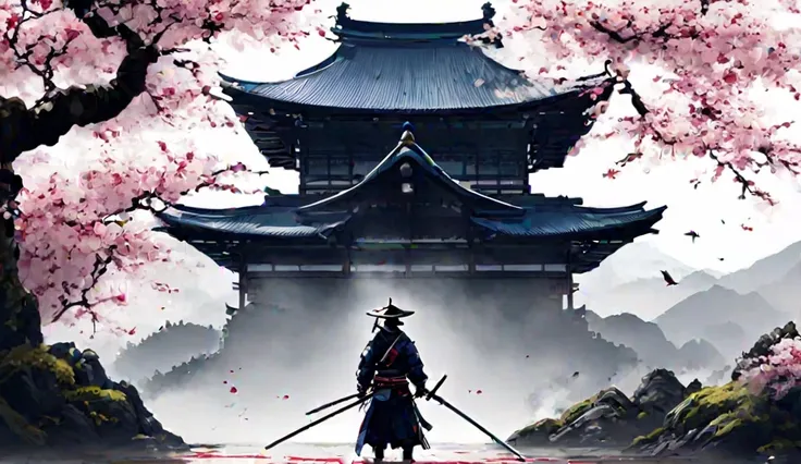 Japanese games「Ghost of Tsushima」 Please generate a live-action image that reproduces the world view。 The main character, the samurai, rides a horse 、There is a majestic castle in the back right 、 and a steep mountain in the back left 、 and looks at the sc...