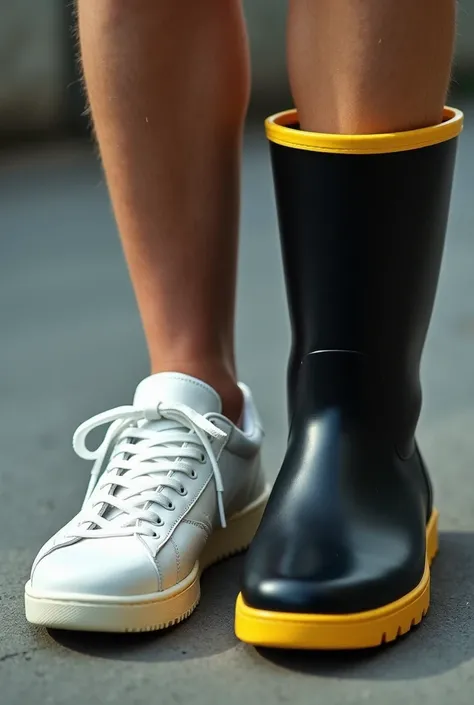 One foot wearing a white sports shoe and on the other foot a long black rubber boot with a yellow sole 