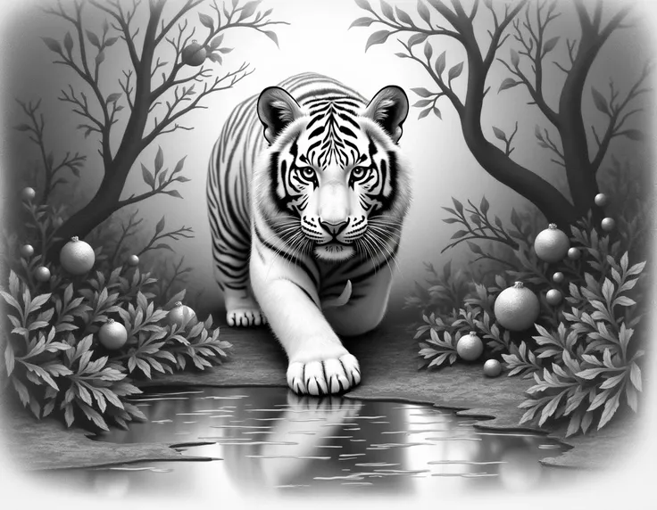 A woman paints a beautiful drawing in realistic coarse realism with a pencil I only use a graphite pencil. It is this pencil art inspired by brush drawings from zoological books, a young white tiger lurking in a Christmas tree jungle, mirror writing and sh...