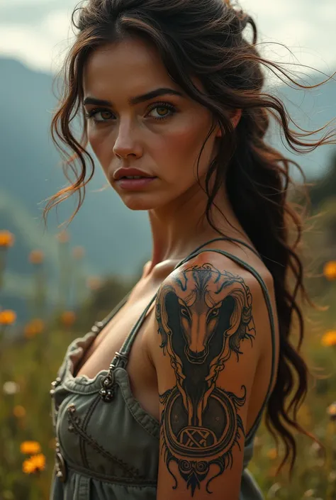 Wallpaper with a woman ,  she has a tattoo of the sign Aries m