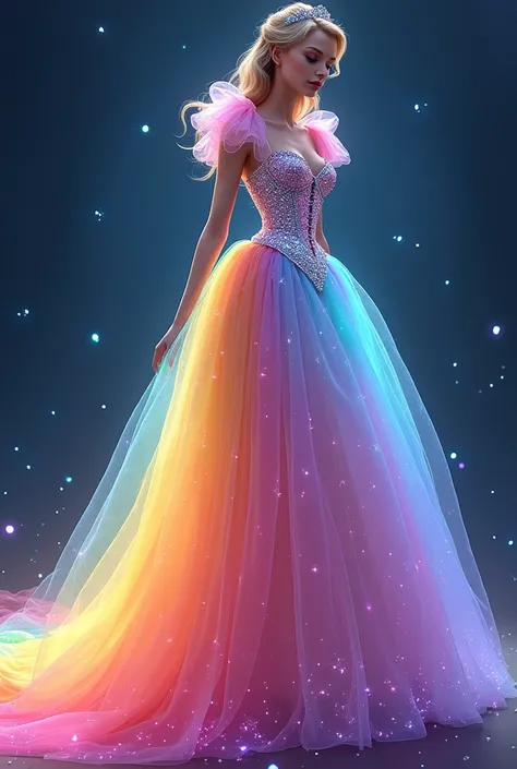  A princess-cut fantasy dress inspired by the rainbow :  the upper part is a corset with a heart-shaped neckline ,  embroidered with crystals that reflect iridescent tones .  The skirt is wide and in a rainbow gradient , } with layers of organza that end i...