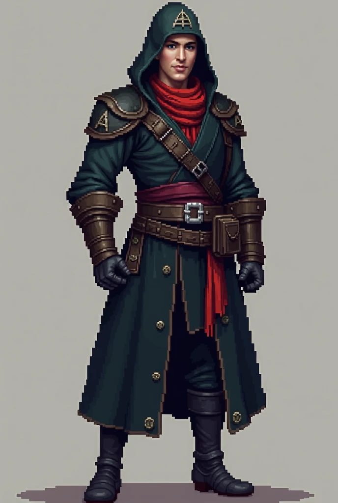 " Create a character pixel art inspired by the provided image . The character must be a warrior or bounty hunter ,  wearing dark clothes with details of runes and belts ,  similar to the clothing shown .  Add a stylized cap , adapted to the theme ,  and in...