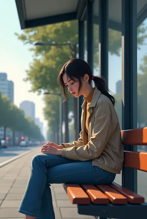 A girl waiting at a bus stop. She is sitting on a bench,  looking at his watch and seems impatient