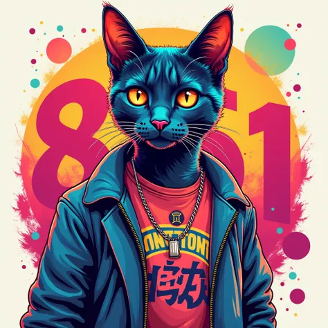 Make a graphic picture of a cat in a cool shirt. The picture is colorful. Put the big word “tongtong 861” in the picture. 