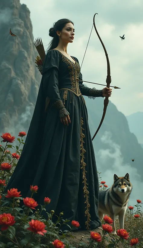  A beautiful European woman ，The most stylish queen dress up in the Middle Ages， exquisite makeup ，She was armed with a bow and arrow，Cool pose， stands on an ancient, strange and mysterious coffin， The coffin hangs in the middle of the air ，She smiled stra...