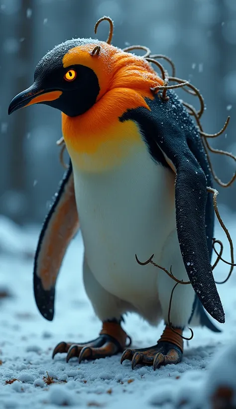 " Create a 4K image highly detailed depiction of a terrifying hybrid creature formed by the fusion of a penguin and a pumpkin.  The creature stands menacingly on a snow-covered ground in a winter landscape at night .  Its body is a grotesque mix of penguin...