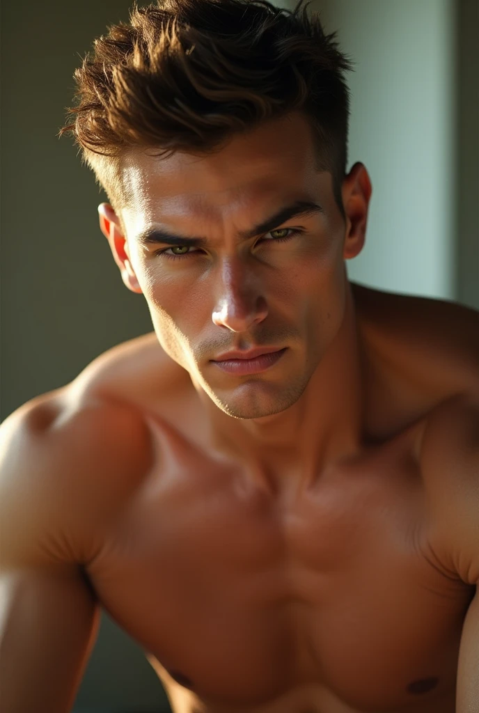 a healthy young man, detailed portrait, muscular physique, handsome features, intense gaze, short brown hair, chiseled jawline, glowing skin, radiant energy, dynamic pose, athletic body, natural lighting, cinematic framing, hyperrealistic, photorealistic, ...