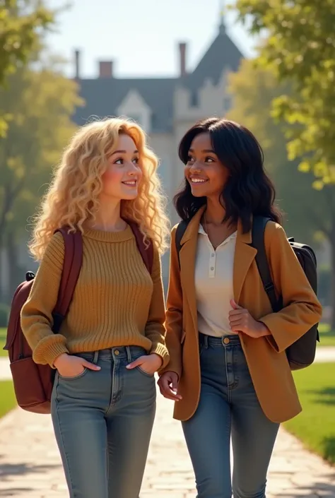 Friends: a blonde with curls and another black-haired girl with thin straight hair going to university 