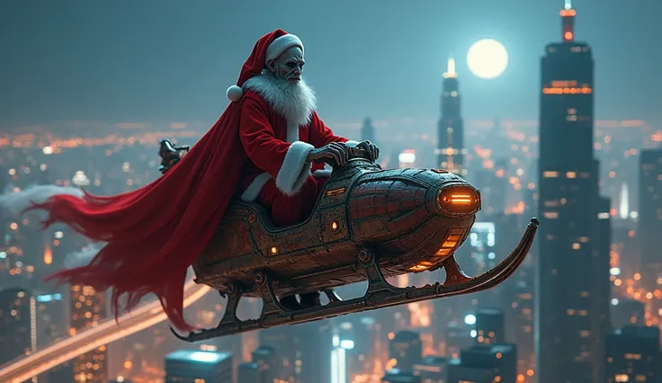 Create ultra realistic, hyper detailed, 8k, a gray extraterrestrial dressed as Santa Claus and piloting Santas futuristic sleigh, on a night flying over a big city.