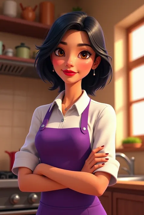 Pixar style poster white cook straight black shoulder-length hair red lips brown eyes purple apron 