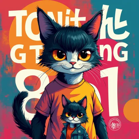 Make a picture of a cat with bangs, put on a cool graphic shirt. The picture is colorful. Put the big word “tongtong 861” in the picture. 
