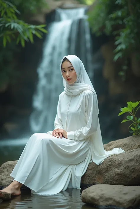 arafed woman sitting on a rock near a waterfall, white hijab, zenra taliyah, hijab, by Basuki Abdullah, mid shot portrait, high quality portrait, portrait shot, inspired by Nazmi Ziya Güran, inspired by Naza, inspired by Basuki Abdullah, malaysian, in gard...