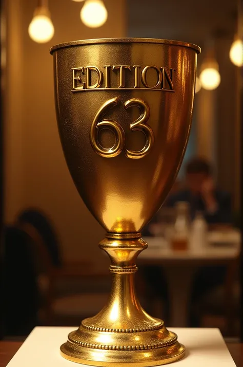 Gold trophy that says edition 63 on the top in capital letters 