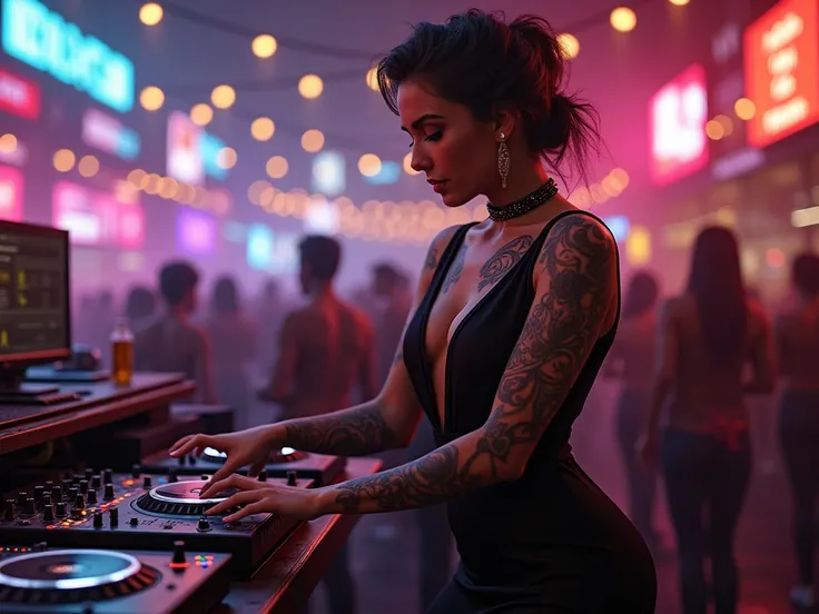 Woman with well-dressed tattoos without cleavage dancing in the urban discotheque next to the DJ
