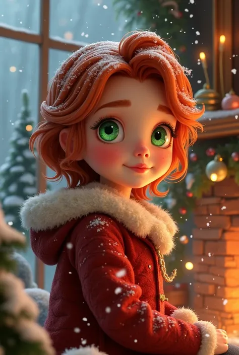 Red-haired girl with green eyes at semirealistic Christmas 