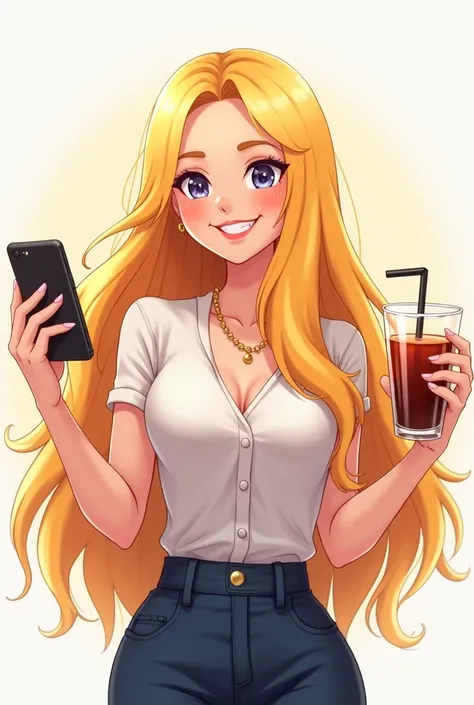 a logo image of an animated woman ,  with blond hair, long and loose,  with a cell phone in her right hand and in her left hand with a drink 