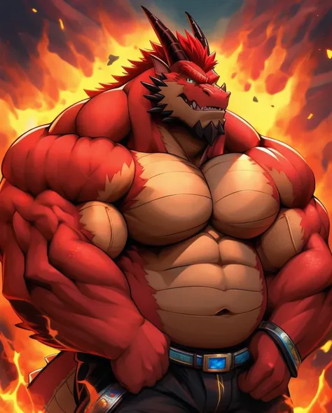 fat muscle daddy dragon furry , full body , (face detailed ) , (eyes detailed ) , red hair , heroic pose
