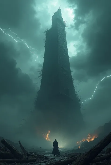 A big tower falling down with dark skys and thunderstorms
