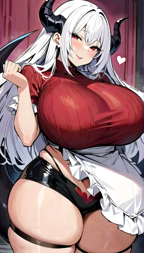 ((Best Quality)), ((masterpiece)), (detailed), 1 girl, long white hair, black horns, red eyes with hearts, big breasts, big thighs, black succubus tail, seductive smile, White apron, oversized red sweater showing shoulders, black fitted shorts, at home