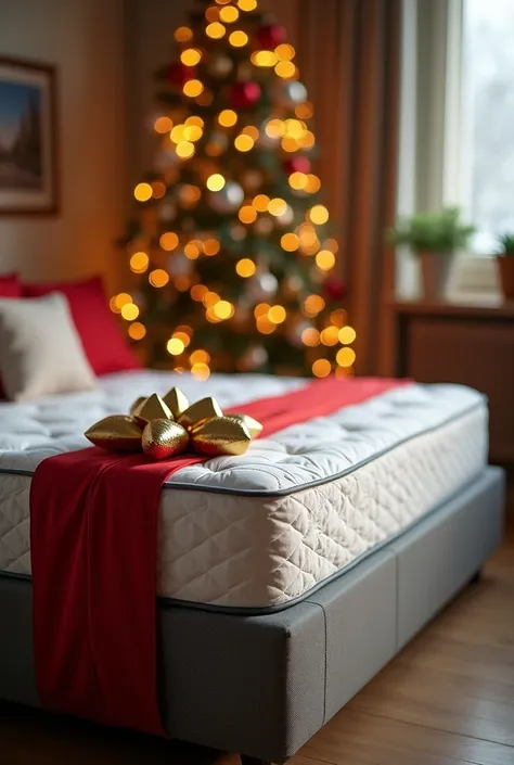 " A high-quality mattress partially wrapped with a red ribbon and a large gold ribbon in a corner , simulating a giant gift . In the background,  a Christmas tree illuminated with shiny spheres and gold garlands brings warmth to the scene . The composition...