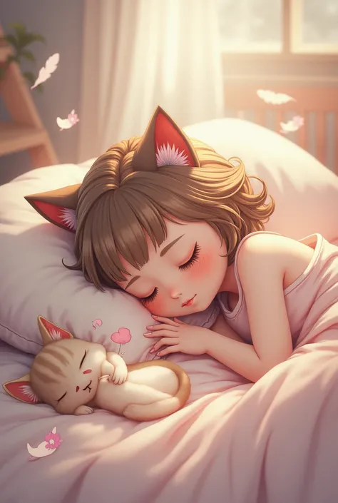 Image of a girl with a cute soul sleeping with cat ears
