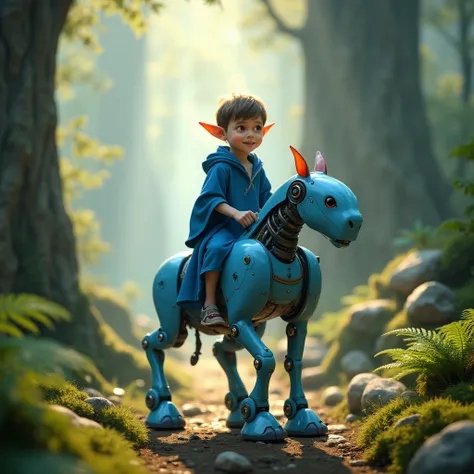 Realistic natural rigging photo of an elf nine-year-old prince in blue clothes riding a four-legged blueberry robot in an enchanted forest.