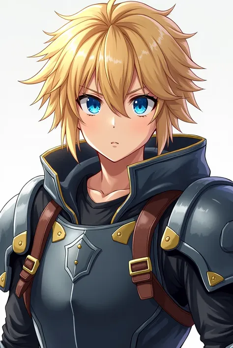 Please,  create some more images ,  of a blond adventurer with blue eyes,  dressed in an ordinary black shirt , and some armor , with a serious look on his face.  Make the anime-shaped image .