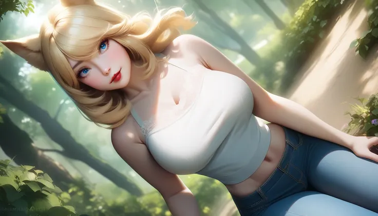 Big Breasts, 1girl, ((Long Bangs Hair, Blonde hair)) ((wolf girl)) light blue eyes, has an extremely sexy body, with full breasts and thin waist, and an extremely sexy body, HIP HOP Fuzzy Wool Strapless Tank Top, Beautiful Sweatshirt, Jeans Shorts, Delicat...