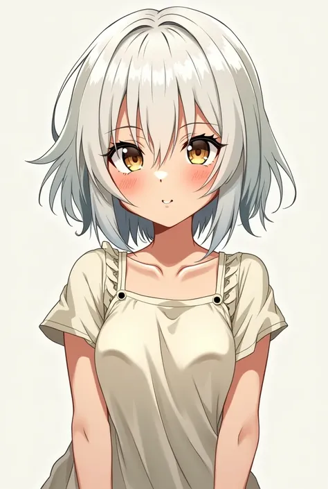 A  anime girl with short hair and white bangs, a little rowdy and eyes like white people in a half-dirty white dress