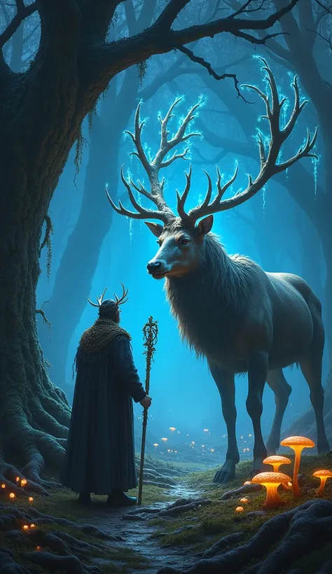 : A Celtic druid with antlered headgear and a staff adorned with vines confronts a massive stag in an enchanted forest. The stag glows faintly with an ethereal blue light, and the druid’s staff emits a matching glow. The surrounding trees are ancient, with...