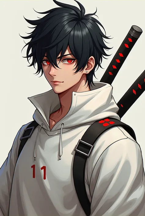 Create an art of a mango-style male character with black hair red eyes a scar near the mouth white sweatshirt a katana on the back 